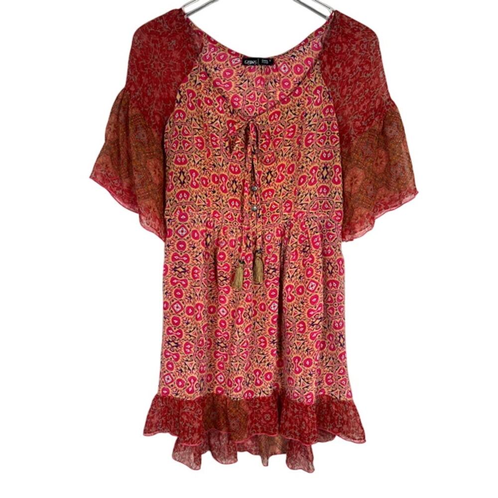 Gypsy 05 Silk Tie Tassel Peasant Tunic Dress S Printed Bell Sleeve Flowy